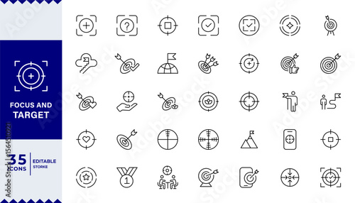 Focus and target Aim, target line icon set. A sight for aiming a weapon at a target. achievement, mission, medal, Series in linear style.