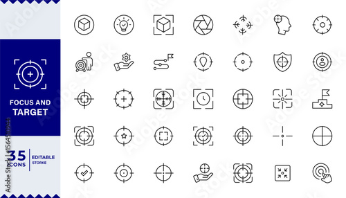 Focus and target Aim, target line icon set. A sight for aiming a weapon at a target. achievement, mission, medal, Series in linear style.