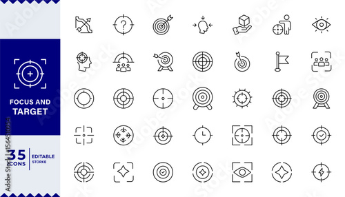 Focus and target Aim, target line icon set. A sight for aiming a weapon at a target. achievement, mission, medal, Series in linear style.