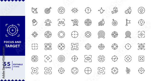Focus and target Aim, target line icon set. A sight for aiming a weapon at a target. achievement, mission, medal, Series in linear style.