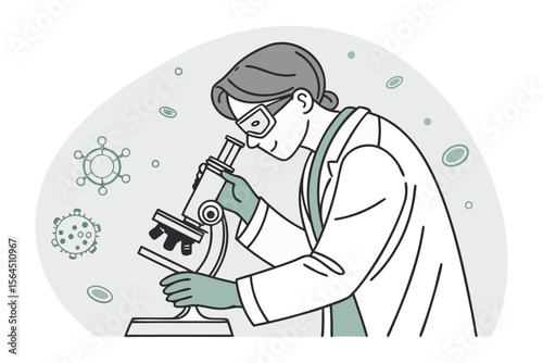 Scientist in protective gear meticulously examines microscopic viral particles and cells using a laboratory microscope for research purposes