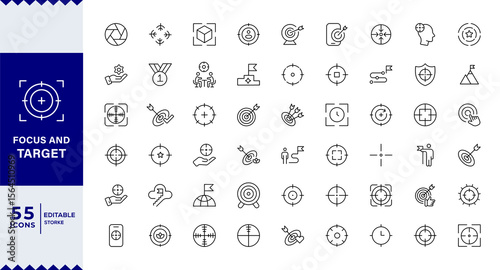 Focus and target Aim, target line icon set. A sight for aiming a weapon at a target. achievement, mission, medal, Series in linear style.