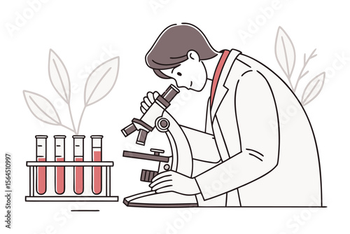 Scientist in lab coat examining samples under microscope alongside rack of test tubes with red liquid and stylized plant elements