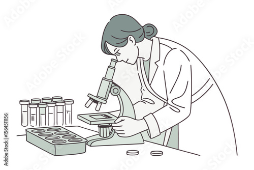 A scientist in a lab coat intently examines samples under a microscope surrounded by test tubes and a petri dish rack