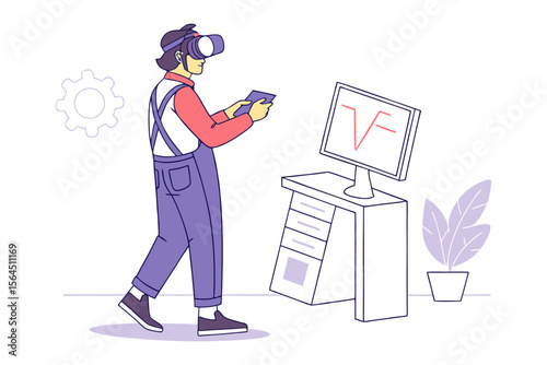 Person wearing a virtual reality headset interacts with a tablet near a computer displaying a graph and a plant