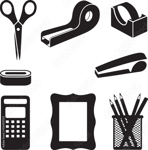Black and White Office Supplies Vector Illustration