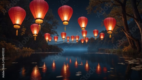 Floating Lanterns on a Lake Under a Full Moon for Mid-Autumn Festival
