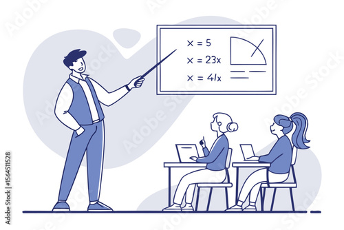 Engaged students attentively listen to their teacher explaining mathematical equations and geometric shapes on a whiteboard during a lesson