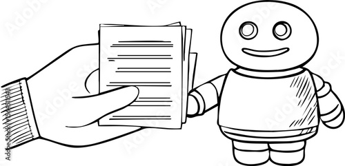 Ai agent for finance concept with hand giving document to robot in simple line art style