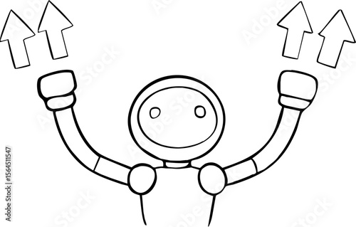 Ai agent for finance with upward arrows and happy expression in simple black line art style