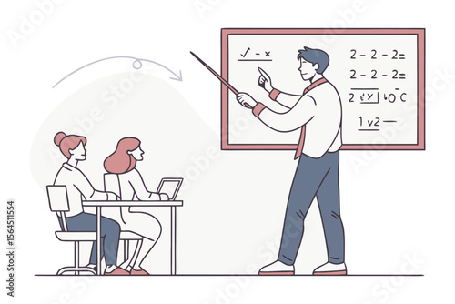 Teacher points to mathematical equations on a whiteboard while students attentively listen and take notes in a classroom setting