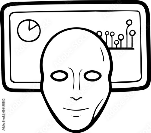 Ai agent for finance concept with human face and digital dashboard in simple line art style