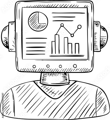Ai agent for finance with data chart and graph on robot screen, sketched illustration style