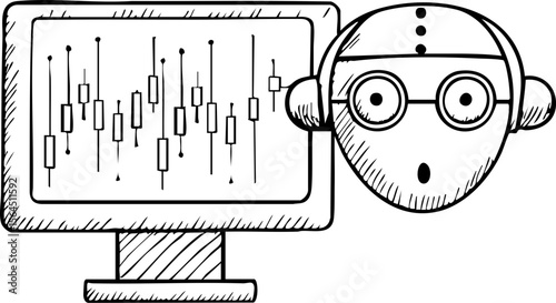 Ai agent for finance shown as robot face beside monitor with financial chart sketch