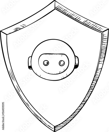 Ai agent for finance shield icon with robot face line drawing simple hand sketch style