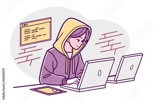 Young person in a hoodie focused on multiple laptops and a tablet symbolizing coding or digital work