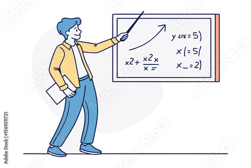 A young enthusiastic teacher confidently explains mathematical concepts on a whiteboard using a pointer and holding a tablet