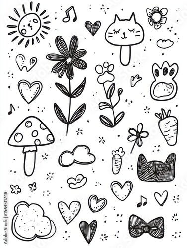Cute Hand-Drawn Black-and-White Doodles Collection