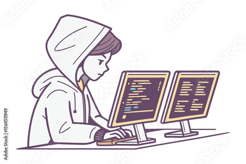 Focused young person wearing a hoodie intently typing on a keyboard while working with two computer monitors displaying code