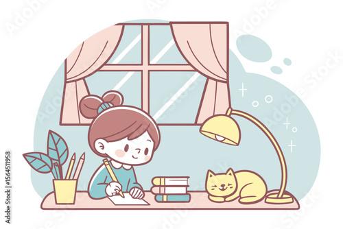 Cute cartoon girl diligently studying at her desk with a friendly cat companion and a plant by the window