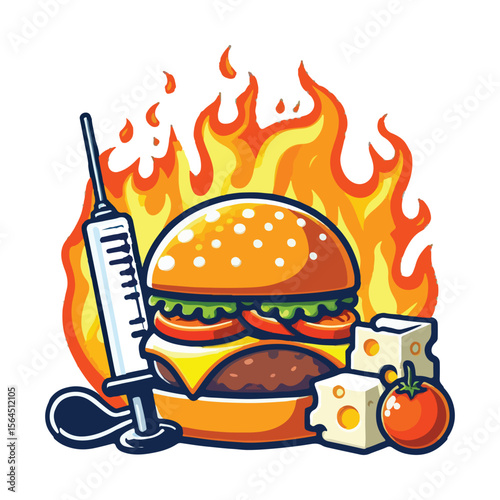 Hamburger with cheese and tomato on fire with a syringe symbolizing unhealthy food