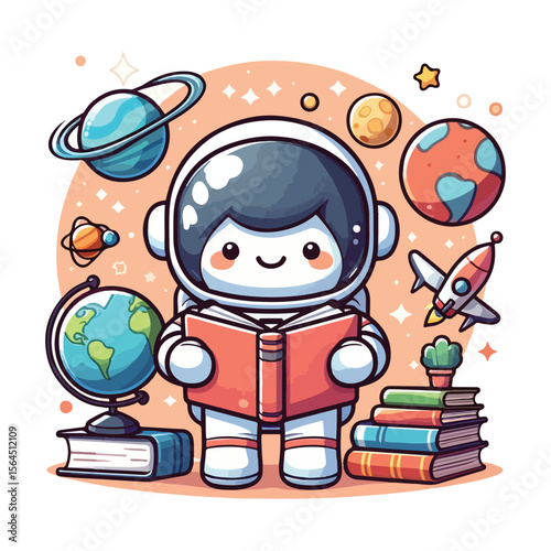 Cute kawaii astronaut reading a book surrounded by planets and spaceships