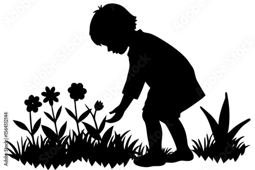 Silhouette of Child Reaching for Flowers in a Garden