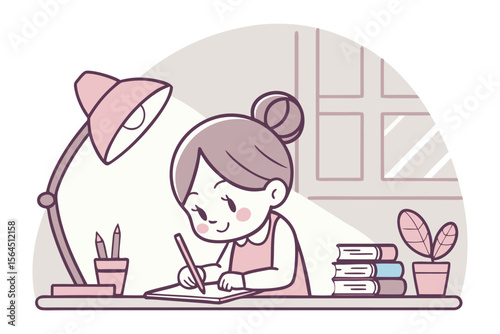 Cute cartoon girl diligently studying at her desk under a desk lamp with books and a potted plant nearby