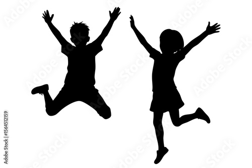 Children Silhouettes Jumping, Boy and Girl, Happiness