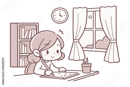 Cute cartoon girl diligently studying at her desk with books and a clock on the wall near a window with curtains
