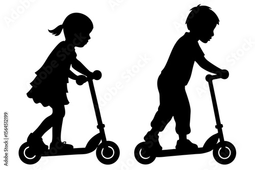 Children Silhouettes, Riding Scooters, Playtime Fun