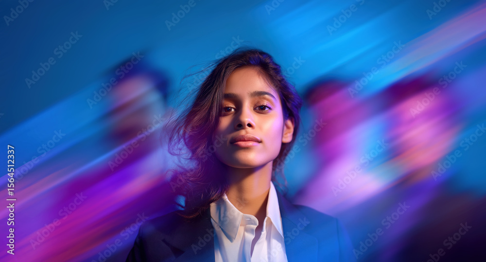 Naklejka premium Focused young professional businesswoman in suit surrounded by dynamic streaks of neon blue and purple light