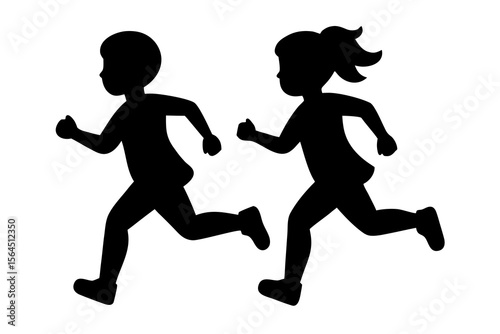 Silhouette of Boy and Girl Running, on White