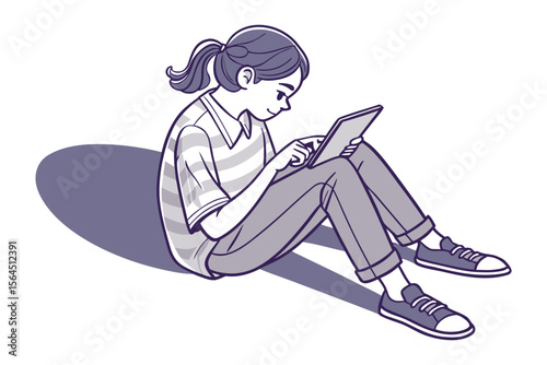 Young girl with ponytail sitting cross legged on the floor engrossed in using a digital tablet computer with a stylized shadow