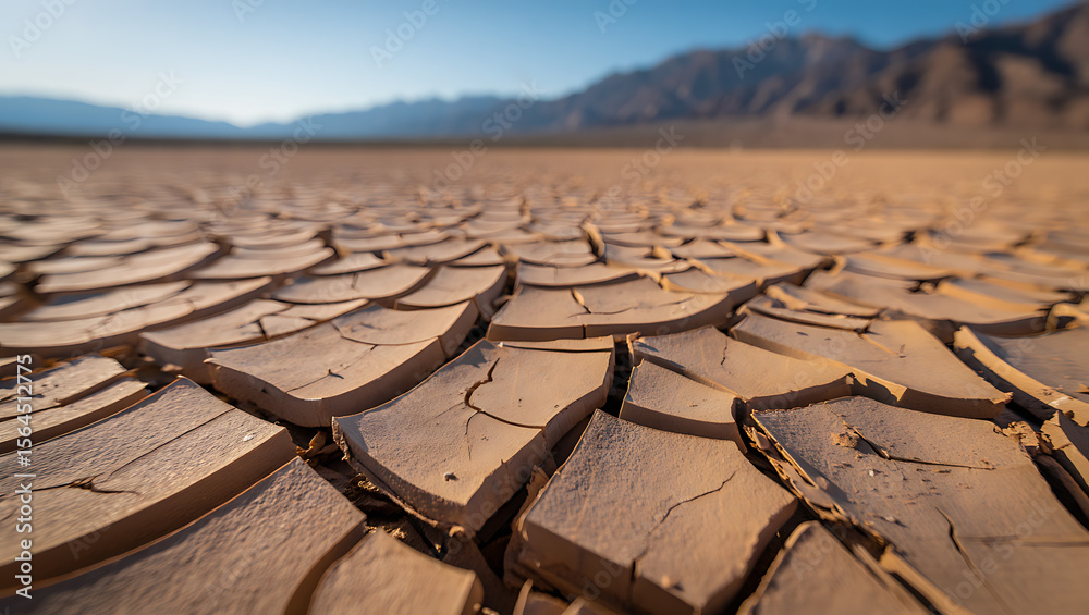 Fototapeta premium Cracked Earth, Dry Desert Landscape Arid Climate, Drought, and Environmental Issues Photography