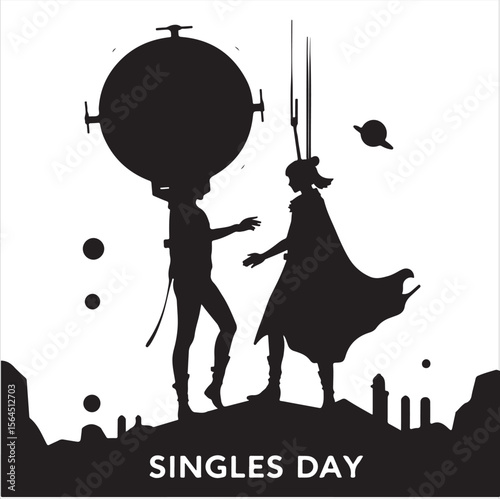 A futuristic classic black and white vector silhouette of Singles Day.  Elegant and timeless, the illustration incorporates advanced technology and space elements against a white background.