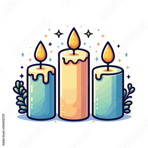Three glowing candles with dripping wax and festive sparkles in a cozy illustration