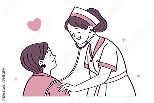 Caring nurse examines patient with stethoscope symbolizing compassion and health checkups in a friendly medical setting
