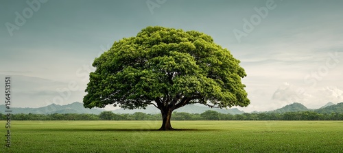 Tree on morning grass field landscape. Generative AI technology.	
