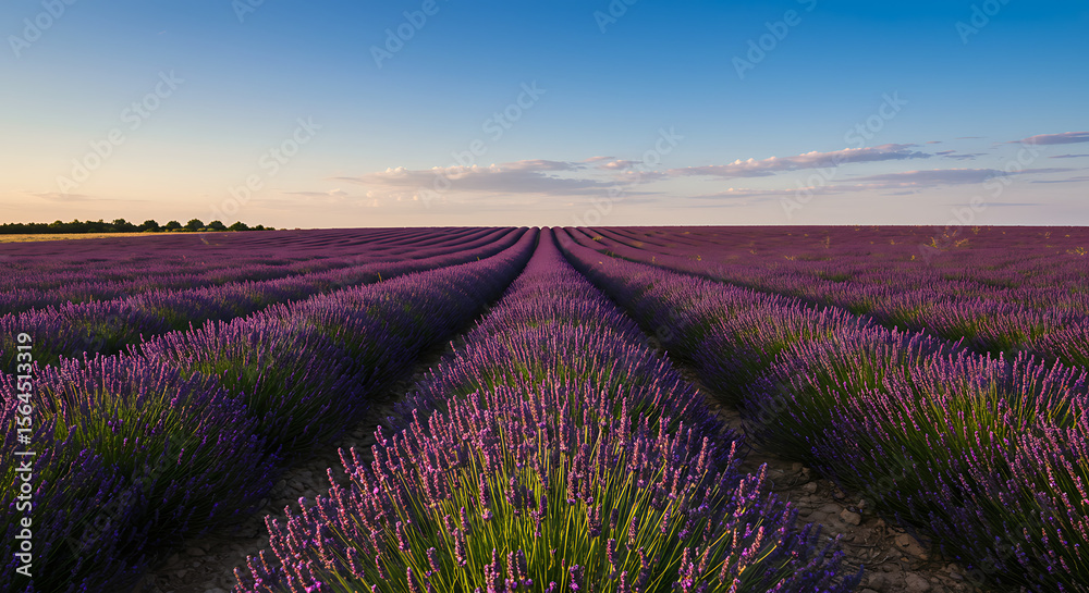 Obraz premium Field of Lavender Flowers under Clear Blue Sky with Warm Sunset Glow