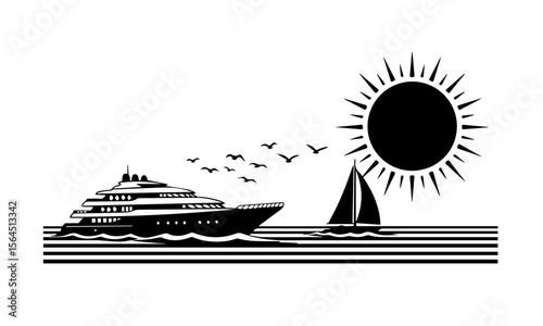 Coastal Sailing Scene with Yacht and Sun