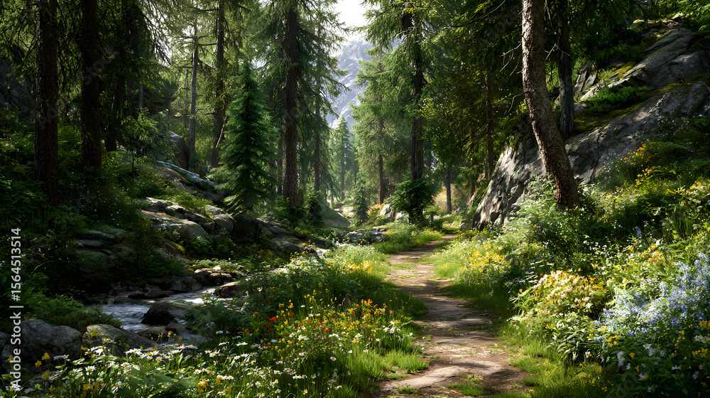 Fototapeta premium Enchanted Mountain Trail: A Serene Journey through Lush Forests and Crystal Streams