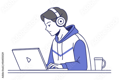 Young person wearing headphones focused on a laptop screen while typing with a mug nearby representing modern digital engagement and productivity