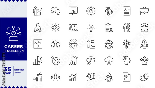 Career Progression Development Line Editable Icons set. Vector illustration in modern thin line style of profession related icons: skills, practice, knowledge, and more. Pictograms