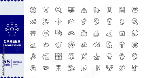 Career Progression Development Line Editable Icons set. Vector illustration in modern thin line style of profession related icons: skills, practice, knowledge, and more. Pictograms