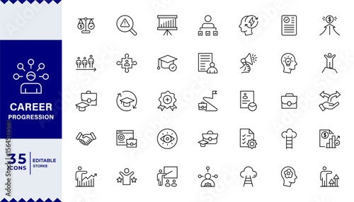 Career Progression Development Line Editable Icons set. Vector illustration in modern thin line style of profession related icons: skills, practice, knowledge, and more. Pictograms