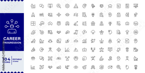 Career Progression Development Line Editable Icons set. Vector illustration in modern thin line style of profession related icons: skills, practice, knowledge, and more. Pictograms