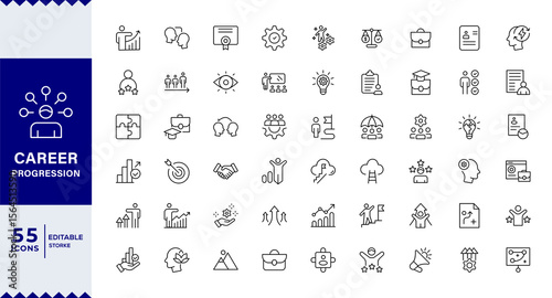 Career Progression Development Line Editable Icons set. Vector illustration in modern thin line style of profession related icons: skills, practice, knowledge, and more. Pictograms