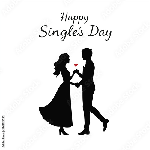 Modern flat design, classic black and white vector silhouettes celebrating Singles Day. Simple two-dimensional shapes on a white background, exhibiting a timeless and elegant style.