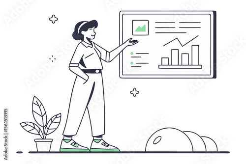 A woman presents a business growth chart on a whiteboard with a plant and abstract shapes in a modern office